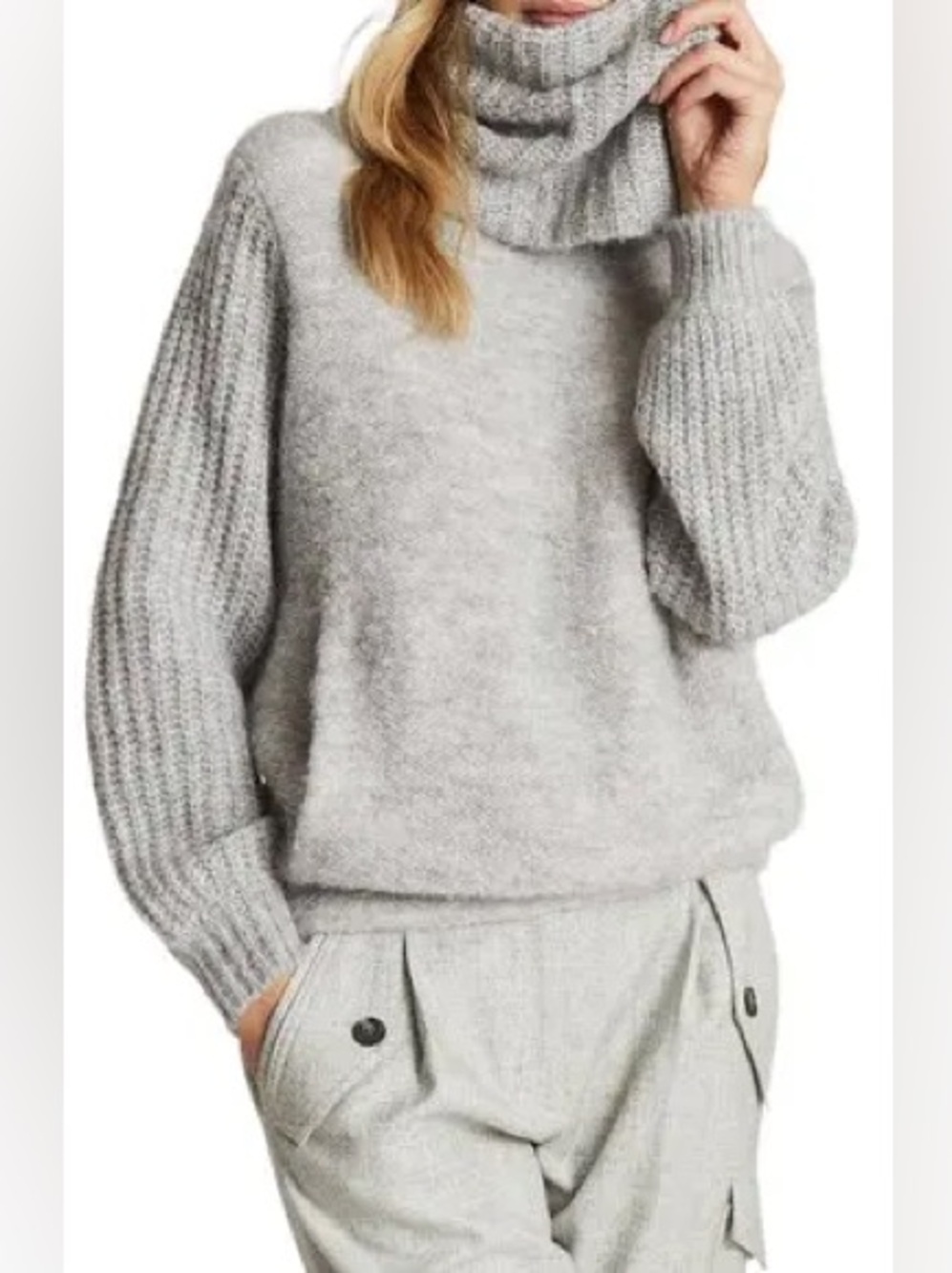 REISS Emma Chunky Cowl Neck Pocket Wool/Alpaca Blend Sweater Gray Size Large